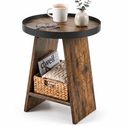 2-Tier Round End Table with 17.7 inch Tray Top, Rustic Brown - color: Rustic Brown