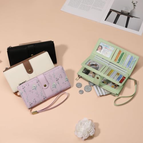 GAEKEAO Wallets for Women Leather RFID Blocking Large Capacity Card Case Ladies Wristlet Clutch Wallets Zipper Pocket with 4 ID Windows 21 Card Slots - color: Purple