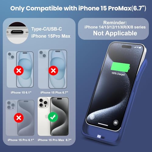Battery Case for iPhone 15Pro Max, Upgrade 8600mah Portable Slim Battery Charging Case, 15W Fast Charging Rechargeable Protective Extended Charger Cover for iPhone 15 Pro Max (6.7 inch)-Blue - color: Blue