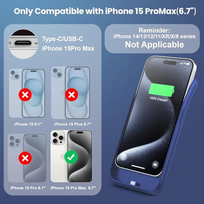 Battery Case for iPhone 15Pro Max, Upgrade 8600mah Portable Slim Battery Charging Case, 15W Fast Charging Rechargeable Protective Extended Charger Cover for iPhone 15 Pro Max (6.7 inch)-Blue - color: Blue
