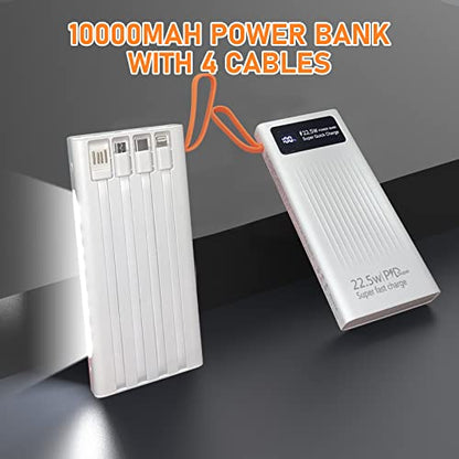 Portable Charger with Built in Cables,Mandarooker 10000mAh Power Bank with LED Lamp Fast Charging USB C External Battery Pack Phone Charger with LED Display for iPhone, Samsung and Cell Phones(White) - color: White