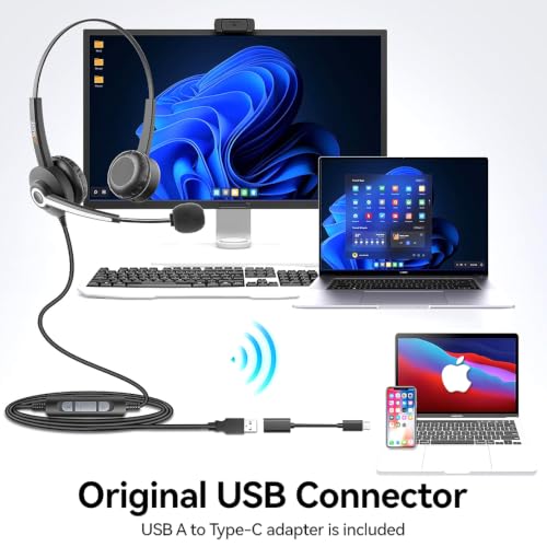 Wantek USB-A/USB-C Wired Stereo Headset – Lightweight, Noise-Cancelling - color: Ultra Black