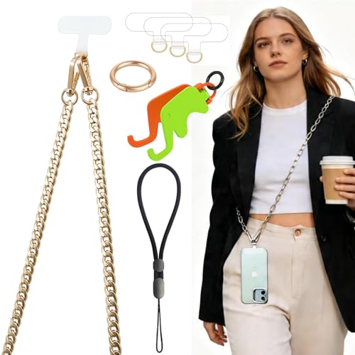 2 pc Crossbody Phone Strap Detachable Lanyard Chain Shoulder Neck with Wrist Strap Charm Finger Grip 3 Patches Tether Phones Stand Holder Anti Theft Universal for iPhone 17 16 All Phones Gold - color: 2 Pc Gold