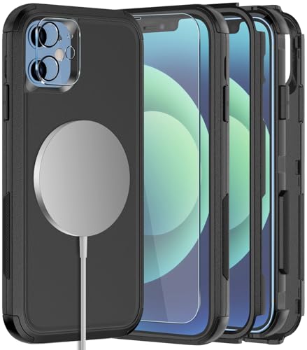 Diverbox for iPhone 12 case, iPhone 12 Magnetic case [with Screen Protector and Camera Lens Protector ] 2 Pack [15 FT Military Grade Drop Protection] Heavy Duty Shockproof Phone Case (Black) - color: Magnetic Black