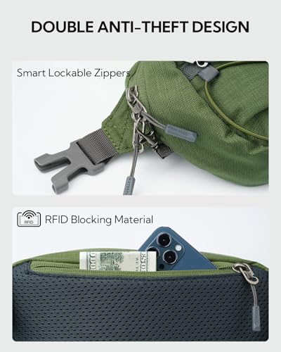 WATERFLY Small Fanny Pack RFID Blocking Travel Hiking Crossbody Waist Bag | Anti-theft design, Water resistant, Lockable zipper, Hidden rear pocket, Lightweight hip belt bag, EDC Running, Cycling, Gym - color: Green