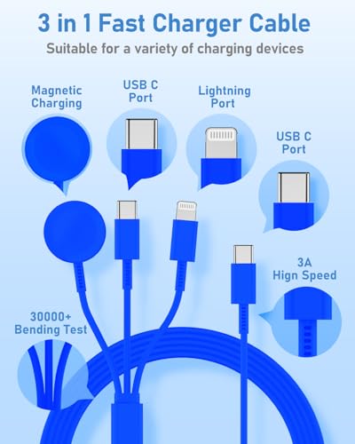 for Apple Watch Charger Fast Charging 6FT, 3 in 1 Multi Charging Cable with USB C iPhone iWatch Charger for Apple iWatch Series 11/10/9/8/7/Ultra3/Ultra 2/SE/6/5/4/iPhone 17/16/15/14/13/12/11-Blue - color: Blue