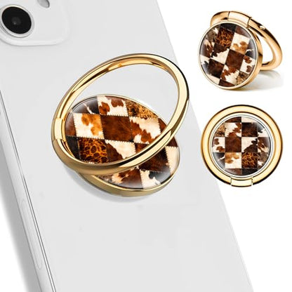 Cell Phone Ring Holder, Cute Phone Ring Grip Stand, 360°Rotation Funny Metal Kickstand Finger Grip Plaid Cute Cowhide - color: Plaid Cute Cowhide
