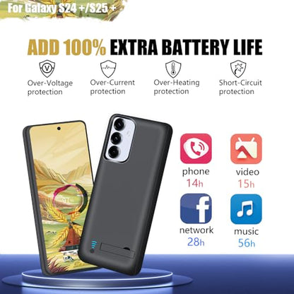 Battery Case for Samsung Galaxy S25+/ S25 Plus/ S24+/ S24 Plus, 5000mAh Rechargeable Extended Battery Charging Charger Case, Add 100% Extra Juice (6.7 Inches) Black