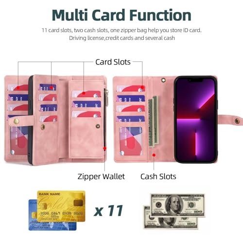 TwoHead for iPhone 11 Wallet case with 11 Card Holder (Pink) | Detachable Magnetic Phone Case, PU Leather Wallet for Women/Men,Wireless Charging Compatible,with Wrist Strap - color: Pink