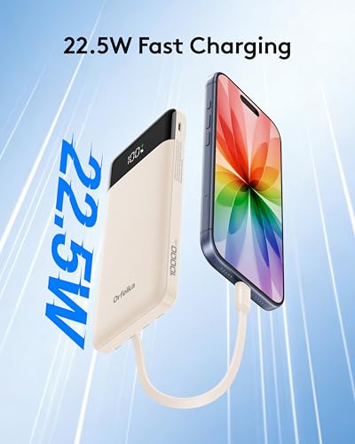 Orfeika Fast Charging Portable Charger Power Bank with Built-in 4 Cables | 10000mAh|Ultra-Slim&Light|Flight-Safe|Power 6 Devices at Once|22.5W|Battery Pack For iPhone,Samsung,Google|Travel Essentials - color: Off-White