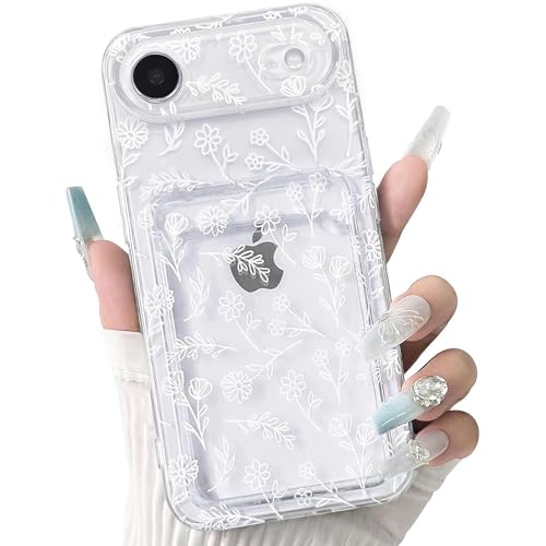 NITITOP Compatible for iPhone 17 Air Case Clear with Card Holder Cute Flower Floral Leave Pattern for Women Girl Soft TPU Shock-Absorbing Wallet Case Protective Phone Cover - White - color: White, size: iPhone 17 Air