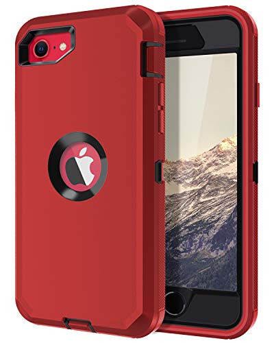 I-HONVA for iPhone SE 2022/2020 Case Built-in Screen Protector Shockproof Dust/Drop Proof 3 in 1 Full Body Rugged Heavy Duty Cover for Apple iPhone SE 3rd/2nd Gen 4.7, Red/Black - color: Red/Black