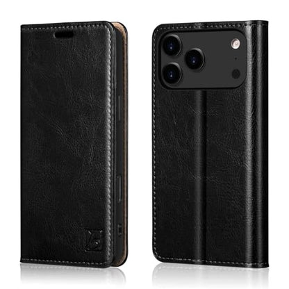 Belemay Leather Wallet Case Compatible with iPhone 17 Pro, Premium Cowhide Leather Two-Tone Effect, RFID Blocking Card Holders, Shockproof TPU Shell, Kickstand, Protective Flip Cover, 6.3", Black - color: Black, size: iPhone 17 Pro