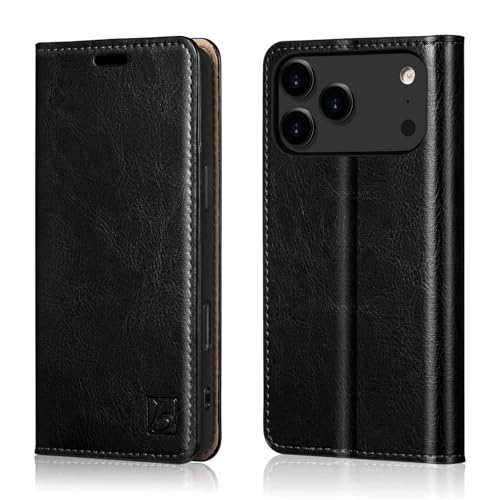 Belemay Leather Wallet Case Compatible with iPhone 17 Pro Max, Premium Cowhide Leather Two-Tone Effect, RFID Blocking Card Holders, Shockproof TPU Shell, Kickstand, Protective Flip Cover, 6.9", Black - color: Black, size: iPhone 17 Pro Max