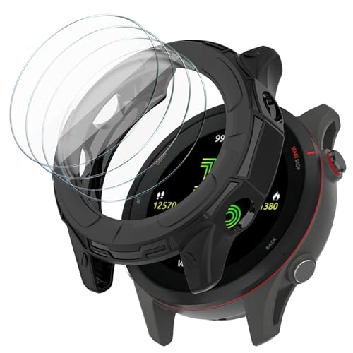[1+4Pack] Case with Tempered Glass Screen Protector Compatible with Garmin Forerunner 255/255 Music 46MM, Bumper Full Coverage Protective Soft Cases Face Cover for Forerunner 255
