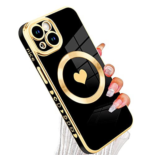 tharlet Magnetic for iPhone 14 Case Cute Love Heart Luxury Plating | [Compatible with Magsafe] with Full Camera Lens Protection and screen protector, Gift giving & daily matching Black - color: Black Love Heart, size: iPhone 14