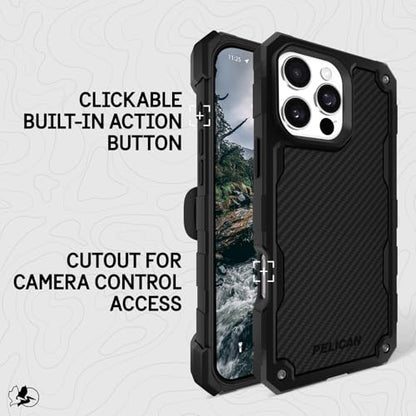 Pelican Shield iPhone 16 Pro Max Case - Rugged MagSafe Phone Case - Carbon | Magnetic Phone Case w/21ft Military Grade Drop Protection - Phone Cover w/ Belt Clip Holster Kickstand for iPhone 16 Pro Max - color: Carbon