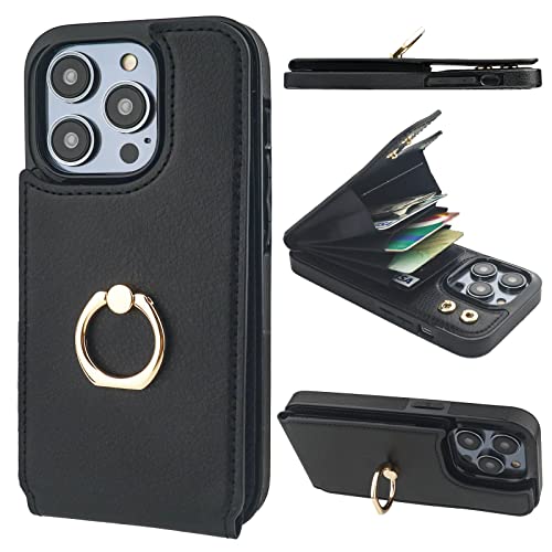 Folosu Compatible with iPhone 14 Pro Case Wallet with Card Holder, 360°Rotation Finger Ring Holder Kickstand, RFID Blocking Leather Protective Double Buttons Shockproof Cover 6.1 Inch Black - color: Black, size: iPhone 14 Pro