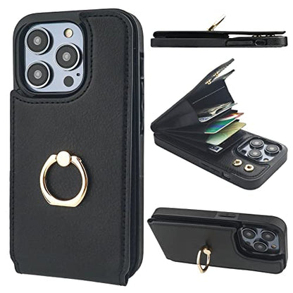 Folosu Compatible with iPhone 14 Pro Case Wallet with Card Holder, 360°Rotation Finger Ring Holder Kickstand, RFID Blocking Leather Protective Double Buttons Shockproof Cover 6.1 Inch Black - color: Black, size: iPhone 14 Pro