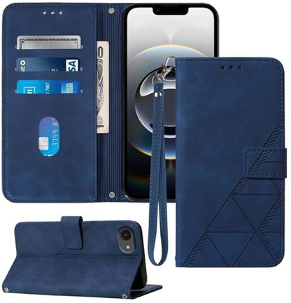 Flip Wallet Case for iPhone 17e/16e, Wrist Strap, Blue | Embossed PU Leather, Detachable Wrist Strap, Card Slots, TPU Inner, Cash Pocket, Magnetic Closure, Stand, Precise Cutouts - color: Blue