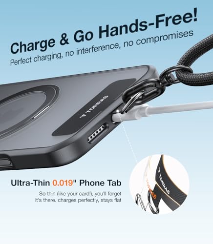 TORRAS 2-Pack Phone Tether Tab [0.48mm Thin] [20lbs Capacity] Anti Yellowing Phone Patch for iPhone, Android and Samsung, Universal Lanyard Tab for Full Coverage Cases (Black & Clear)