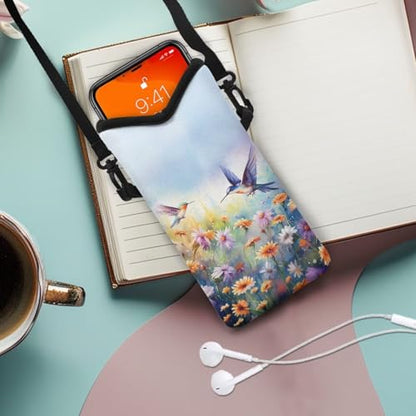 Neoprene Crossbody Phone Bag Small Shoulder Bag Lightweight Travel Bag with Removable Adjustable Strap for Cellphone, Keys, Lipstick, Power Bank 8 x 4 inch, Hummingbird Daisy Flower - color: Hummingbird Daisy Flower