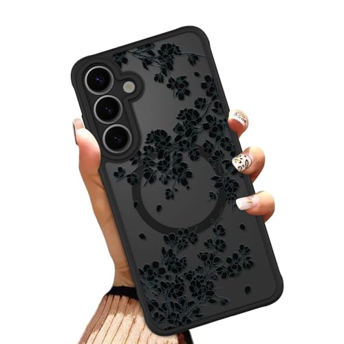 OOK Phone Case Fit for Samsung Galaxy S25 6.2 Inch, Black Flowers Floral | Wireless Charging Compatible, Magnetic Phone Cover, Soft TPU + Hard PC, Anti-Scratch, Shockproof Protection, for Women - color: Black Floral, size: for Samsung Galaxy S25