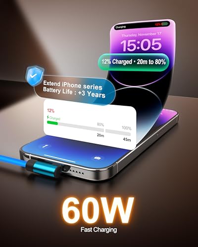 6 Inch Short USB C Cable 90 Degree, Silicone 60W Fast Charging Cable - color: Blue, size: 0.5 Ft.