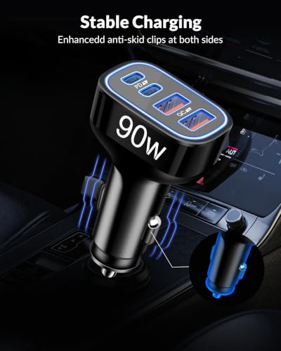 90W 4-Port USB C Super Fast Car Charger for Samsung Galaxy S26/S25/S24/S23 - color: Black