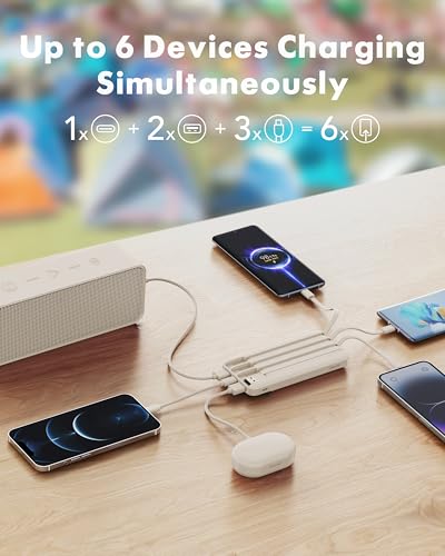 charmast Portable Charger Built-in Cables, 20000mAh Power Bank 6-Output | Travel Fast Charging Battery Pack for iPhone 17/16/15 Samsung Android, Flight-Approved, Multi-Device, USB-C & USB-A, LED % - color: Light Brown