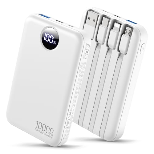 Portable Charger 10000mAh with 4 Built-in Cables 40% Smaller - color: Ivory