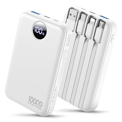 Portable Charger 10000mAh with 4 Built-in Cables 40% Smaller - color: Ivory