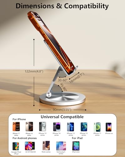 Phone Stand for Desk, 360° Rotating Dual Adjustable Foldable Cell Phone Holder, Heavy Solid All-Aluminum Base Anti-Slip Stable Support for Home Office Study, Fits iPhone Galaxy 4-8" Phones - color: Silver+Silver