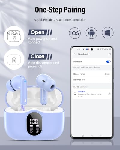 Wireless Earbuds, Bluetooth 5.4 Headphones Bass Stereo/Clear Call,Pale Blue - color: Pale Blue