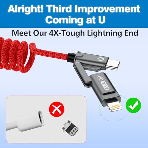 AGVEE 5ft 4-in-1 Coiled Multi Charging Charger Data Transfer Cable - color: Red, size: 5ft