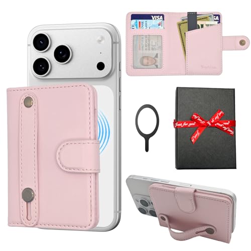 for MagSafe Card Holder for iPhone 17/16/15/14/13/ Pro/Max/Plus with Strap Stand RFID Blocking ID Window Hold 5 Cards,Leather Magnetic Phone Wallet for MagSafe Phones and Cases,Leather Pink - color: Pink