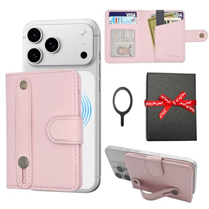 for MagSafe Card Holder for iPhone 17/16/15/14/13/ Pro/Max/Plus with Strap Stand RFID Blocking ID Window Hold 5 Cards,Leather Magnetic Phone Wallet for MagSafe Phones and Cases,Leather Pink - color: Pink