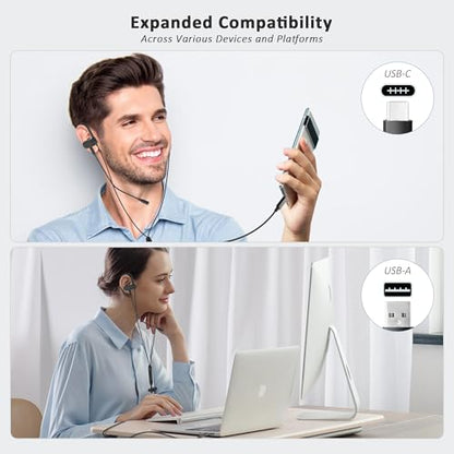 USB C & A Wired Earbuds with Boom Mic for Phone & PC, Ideal for Call & Work