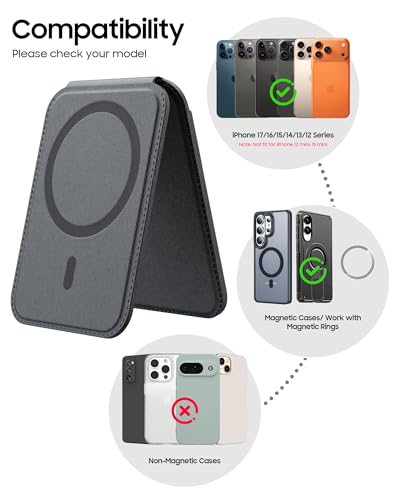 Vizvera for Magsafe Card Holder with RFID Blocking Leather Wallet Magnetic Card Holder 5 Cards for Phone Lightweight Magnetic Stand Adjustable Leather ID Window Magnetic Closure, Mens Gift(Black) - color: Black