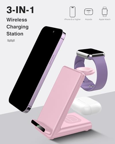 Wireless Charging Station,3 in 1 Charging Stand for Apple Multiple Devices - color: Pink