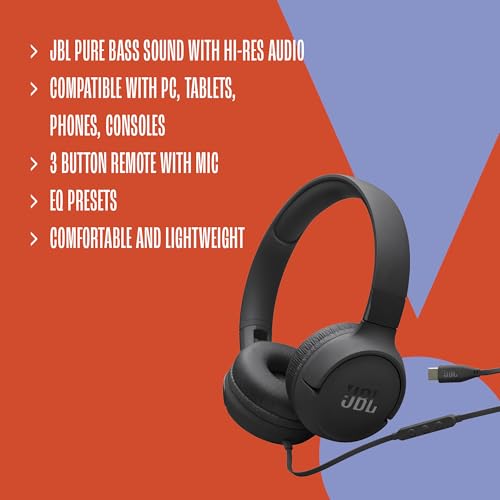 JBL Tune 520C - USB-C Wired on-Ear Headphones with Hi-Res Audio Support, JBL Pure Bass Sound, Comfort fit, USB-C connectivity, 3-Button Remote with Microphone and EQ presets Control (Purple) - color: Purple