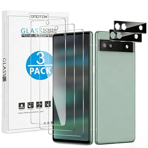 OMOTON 3+2 Pack Screen Protector for Google Pixel 6a (6.1 Inch 2022 Release), 3 Pack Tempered Glass Screen Protector & 2 Pack Camera Lens Protector, Bubble Free/Scratch Resistant - size: Pixel 6a-61''