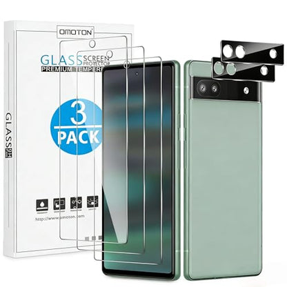 OMOTON 3+2 Pack Screen Protector for Google Pixel 6a (6.1 Inch 2022 Release), 3 Pack Tempered Glass Screen Protector & 2 Pack Camera Lens Protector, Bubble Free/Scratch Resistant - size: Pixel 6a-61''