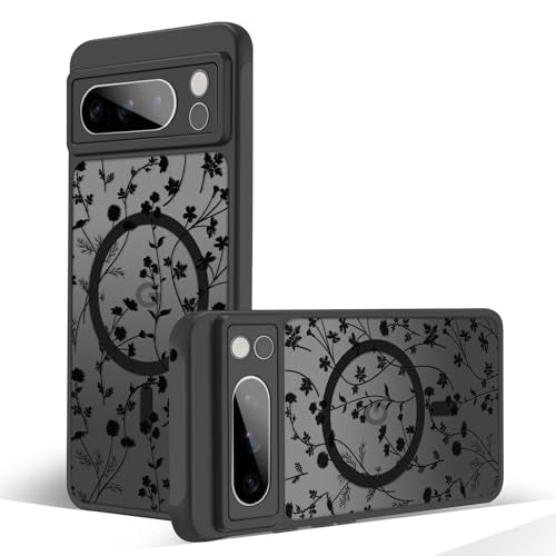 Magnetic Case for Google Pixel 8 Pro [Compatible with MagSafe] Cute Black Flower Floral Pattern Case for Women Girls Soft TPU Bumper Hard PC Back Anti-Fall Shockproof Protective Slim Cover A9 - color: Flower Branch 2, size: Google Pixel 8 Pro