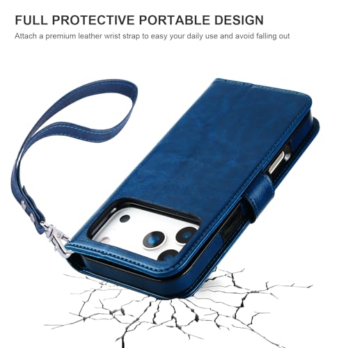 Bocasal Detachable Wallet Case Card Holder for iPhone 17 Pro Max Blue | RFID Blocking Kickstand Card Slots Holder PU Leather Magnetic Shockproof Wrist Strap Removable Flip Protective Cover 6.9 inch - color: Blue