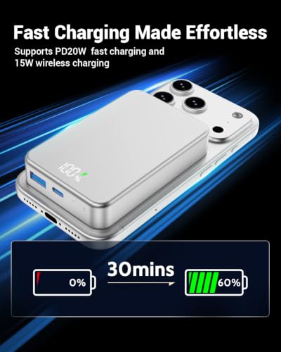 Magnetic Portable Charger for Magsafe Power Bank, 26800mAh 20W PD Large Capacity Aluminum Alloy USB-C in&Out Wireless Fast Charging Battery Pack for iPhone 17Pro Max/16/15/14/13/12 Series, Silver - color: Silver