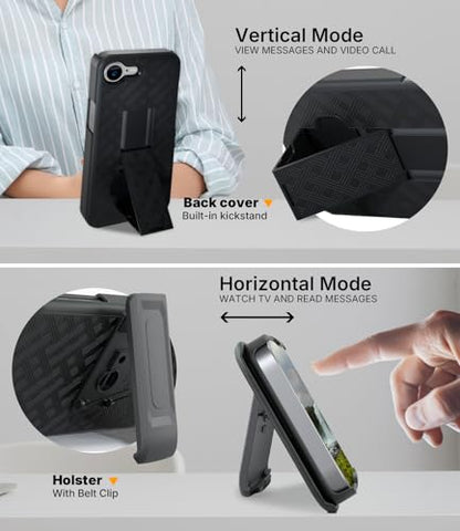 MOTIVE for iPhone 16e Case with Belt Clip, Rigid, Kickstand | 6.1" | Ranger v1 Series, Black, 360° holster, open-top/open-bottom port access, textured grip, slim - size: iPhone 16e