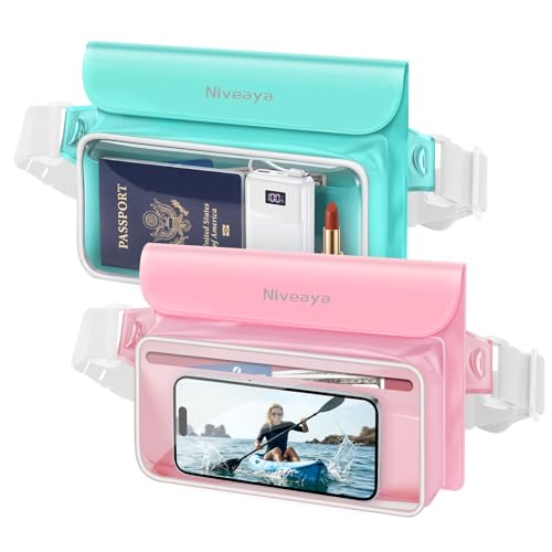 Niveaya IPX8 Floating Waterproof Fanny Pack Holds Phone, Passport & Cash | Large Capacity Touch Screen Adjustable Waist Strap for Kayaking, Paddle Boarding, Waterpark & Swimming Essentials - color: Green&Pink