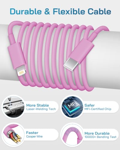 CXX 20W Fast Charger for iPhone 14/13/12 [3-Pack, MFi Certified] - color: Pink, size: 10FT