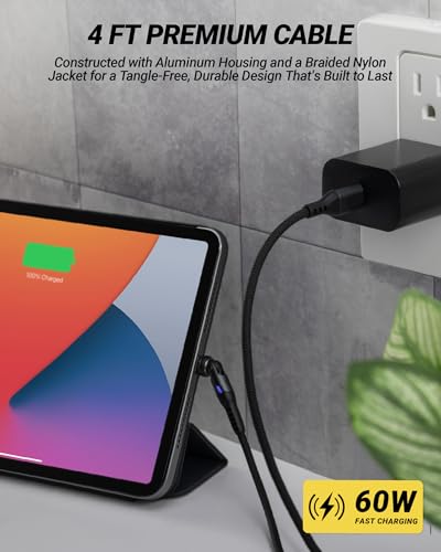 Scosche PowerPivot 60W Fast Charging USB-C to USB-C Cable, 4FT Braided Charger Cord with 360° Pivoting Connector Compatible with iPhone 17/16, iPad, Samsung Galaxy, MacBook & More, Black